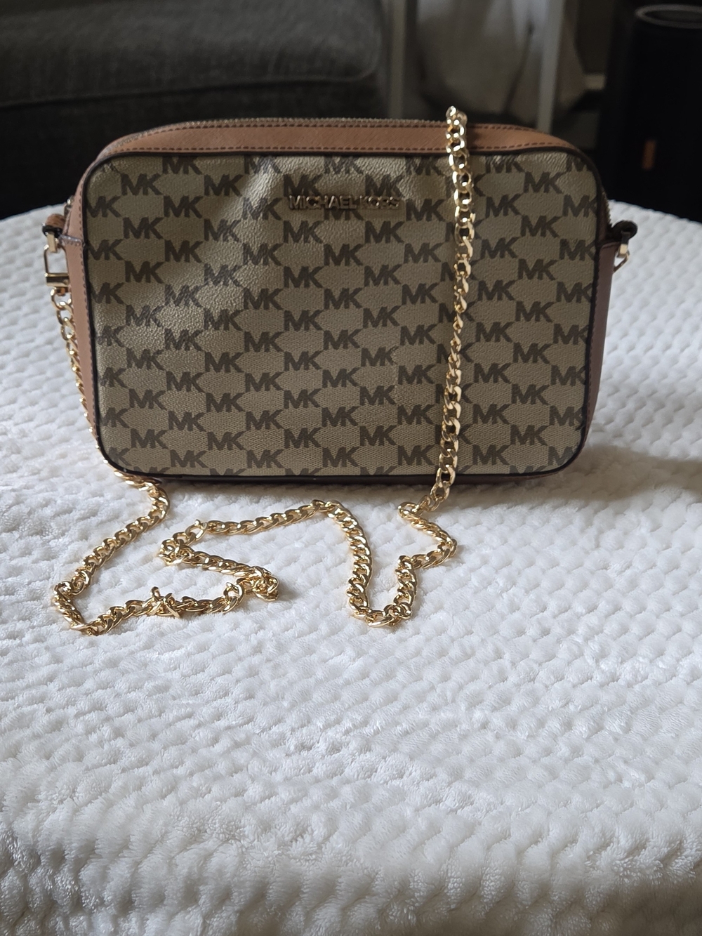 Michael Kors Brown Signature Crossbody Bag MK Monogram Camera Bag Gold Chain